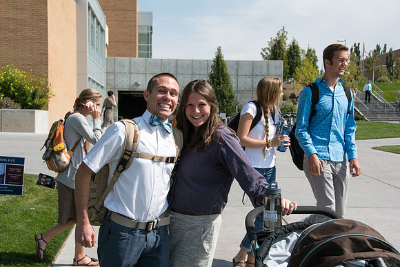 Students gather to listen to President and Sister Clark talk in the i-Center for the first devotional of the semester.
