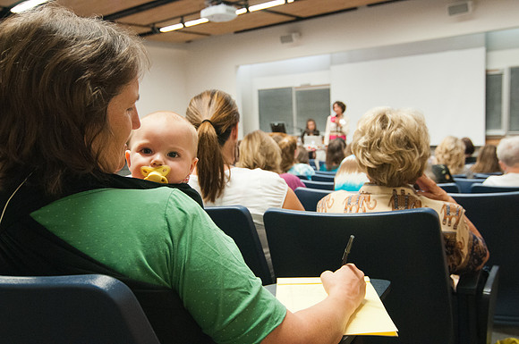 Barbara B. Jones' Education Week class "The Woman Who Laughs...Last" held in a Thomas E. Ricks Building classroom.