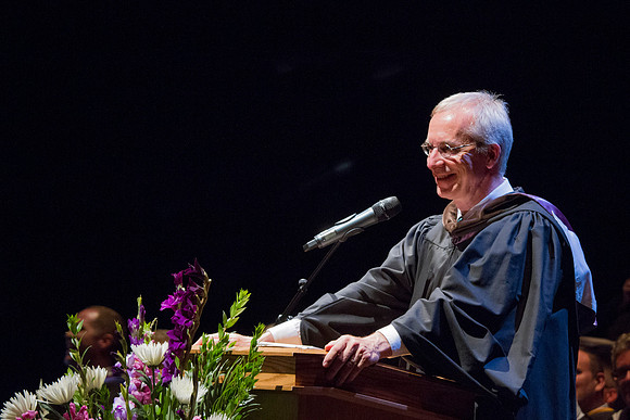 Kelly Burgener gives a few remarks during Performing and Visual Arts College Convocation during the Spring Semester Graduation in the Snow Building. Photo by Tyler Rickenbach