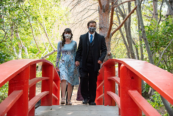 Students going to church on campus with face masks.
