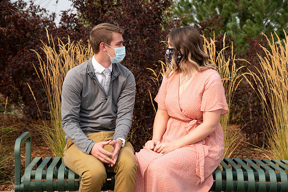 Students going to church on campus with face masks.