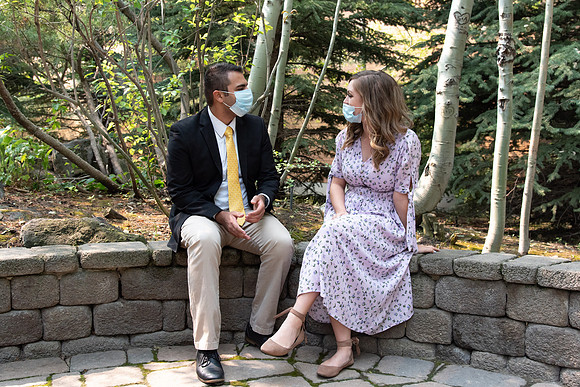 Students talking in the gardens after church.