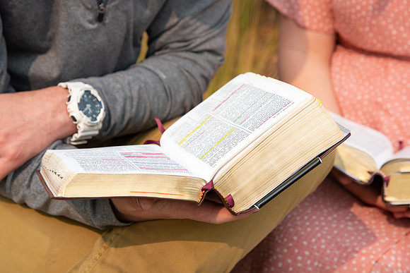 Students reading scriptures on campus.