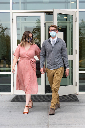 Students wearing face masks at church on campus.