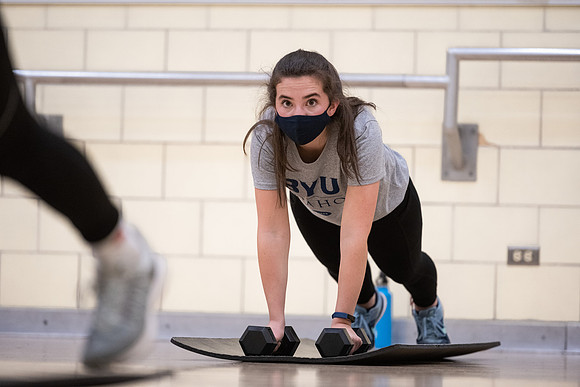 Fitness classes in the Hart building with social distancing measures in place.