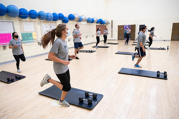 Fitness classes in the Hart building with social distancing measures in place.