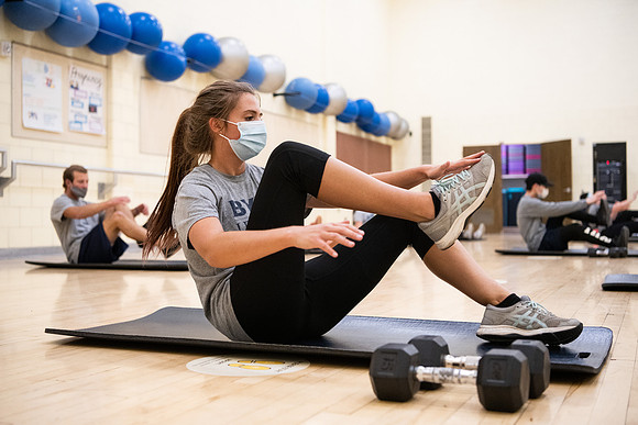 Fitness classes in the Hart building with social distancing measures in place.