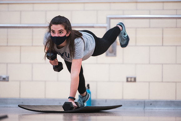 Fitness classes in the Hart building with social distancing measures in place.