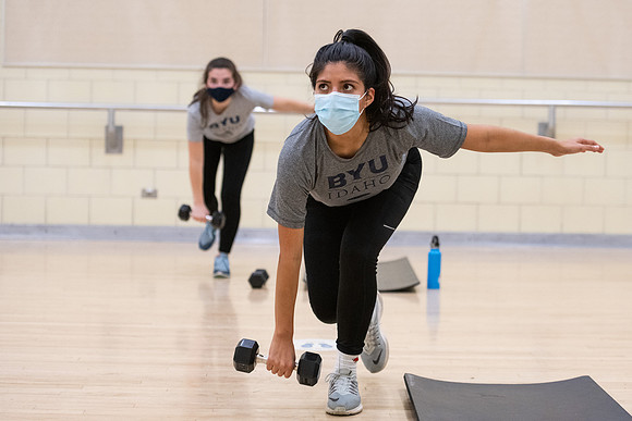 Fitness classes in the Hart building with social distancing measures in place.