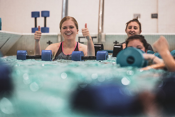 Fitness classes in the Hart building with social distancing measures in place.
