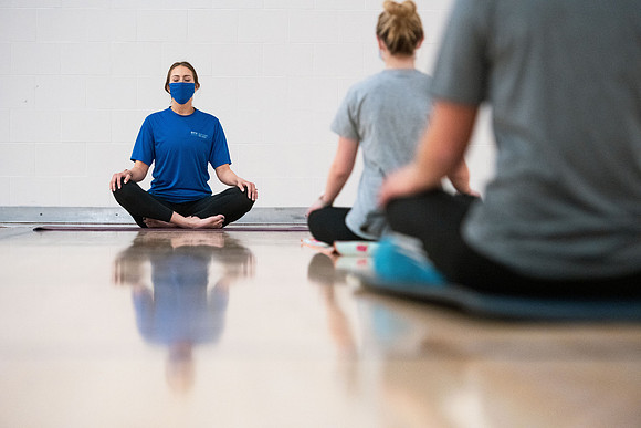 Fitness classes in the Hart building with social distancing measures in place.