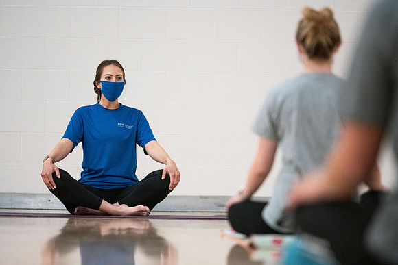 Fitness classes in the Hart building with social distancing measures in place.
