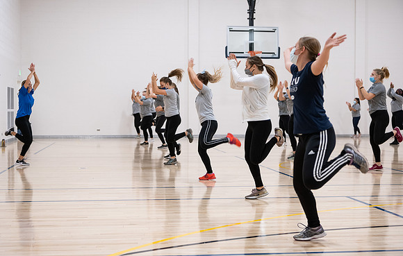 Fitness classes in the Hart building with social distancing measures in place.