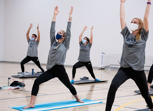 Fitness classes in the Hart building with social distancing measures in place.