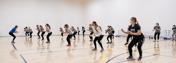 Fitness classes in the Hart building with social distancing measures in place.