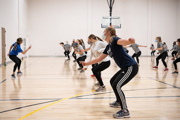 Fitness classes in the Hart building with social distancing measures in place.
