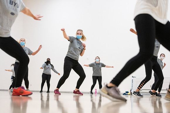 Fitness classes in the Hart building with social distancing measures in place.