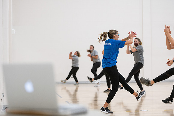 Fitness classes in the Hart building with social distancing measures in place.