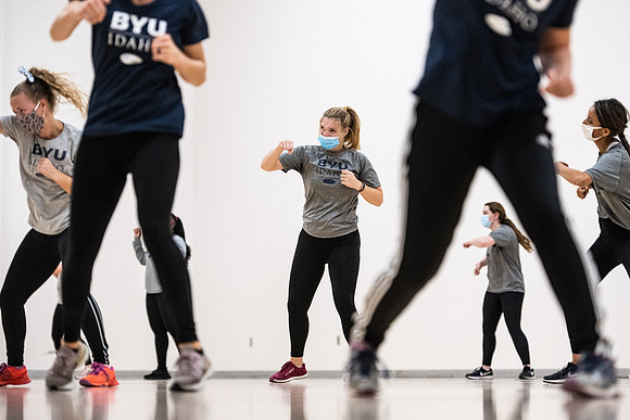 Fitness classes in the Hart building with social distancing measures in place.