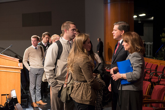David L. Beck greets students after devotional in the BYU-Idaho Center.
