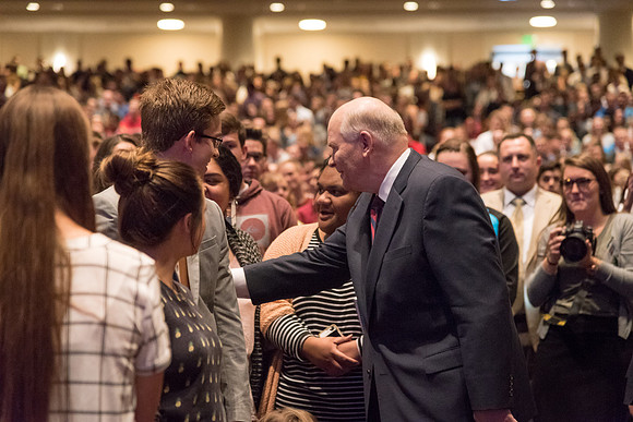 Before his Devotional address, Elder Renlund enters the crowd and shakes the hands of students at BYU-Idaho.