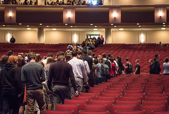 Students leave the I-Center Auditorium at the end of Devotional. 2017