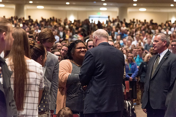 Before his Devotional address, Elder Renlund enters the crowd and shakes the hands of students at BYU-Idaho.