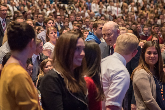 Before his Devotional address, Elder Renlund enters the crowd and shakes the hands of students at BYU-Idaho.