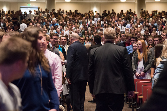 Before his Devotional address, Elder Renlund enters the crowd and shakes the hands of students at BYU-Idaho.