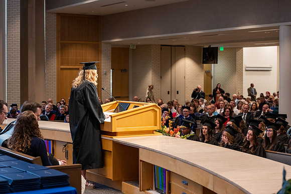 Students graduate from the College of Language and Letters, in the Taylor Building.