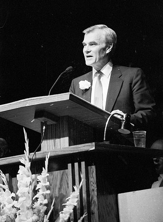 President Joe J. Christensen speaks to students at Ricks College during Devotional