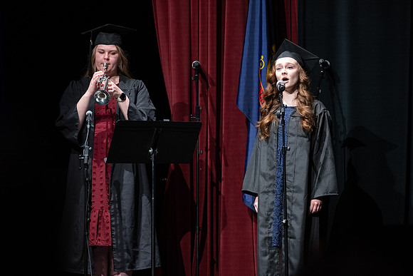 Clara Cranney and Whitney Corpany perform for the Performing and Visual Arts convocation.