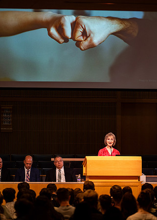 Cindy Bezas speaking at the BYUI University forum