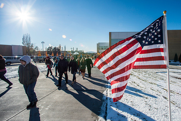 Students exiting devotional on Veterans Day.