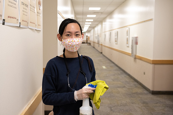 Sanitizing efforts in the Benson Building.