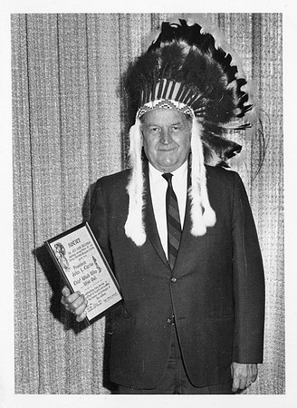 Rocky Mountain Region Tribes honor President John L. Clarke, as chief Wise Owl in Pocatello in 1970. John L. Clarke served as President of Ricks College from 1944 to 1971.