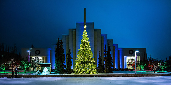 BYU-Idaho all lit up for the holidays.