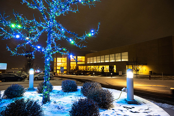 BYU-Idaho all lit up for the holidays.