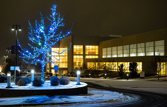 BYU-Idaho all lit up for the holidays.
