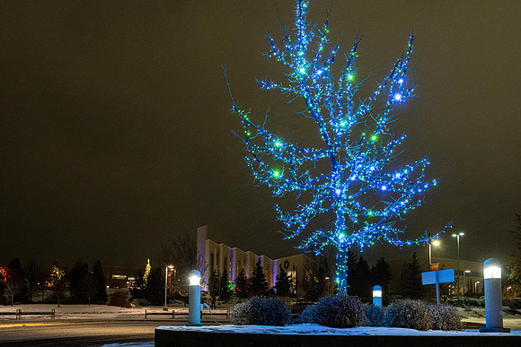 BYU-Idaho all lit up for the holidays.