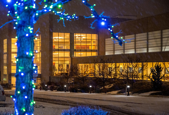 BYU-Idaho all lit up for the holidays.