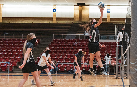The women's volleyball championship took place in the Hart gym with COVID-19 safety precautions in place.