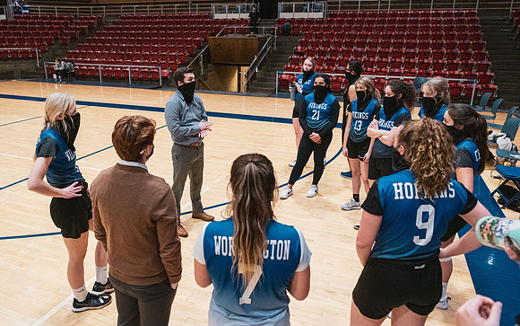 The women's volleyball championship took place in the Hart gym with COVID-19 safety precautions in place.