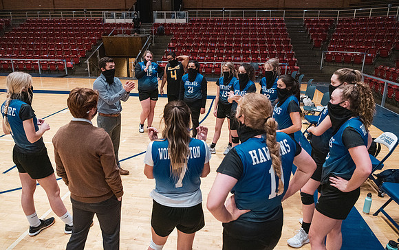 The women's volleyball championship took place in the Hart gym with COVID-19 safety precautions in place.
