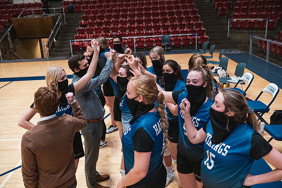 The women's volleyball championship took place in the Hart gym with COVID-19 safety precautions in place.