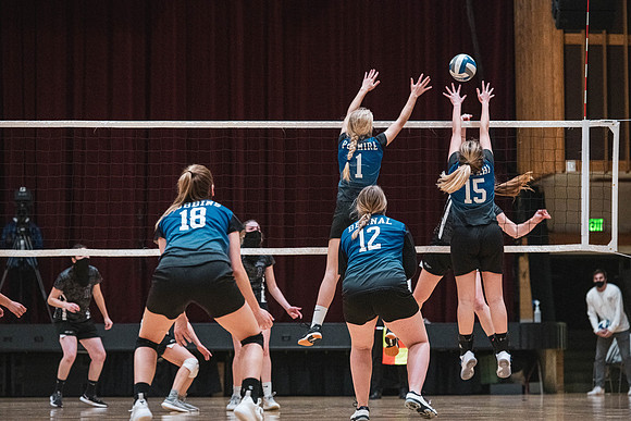 The women's volleyball championship took place in the Hart gym with COVID-19 safety precautions in place.