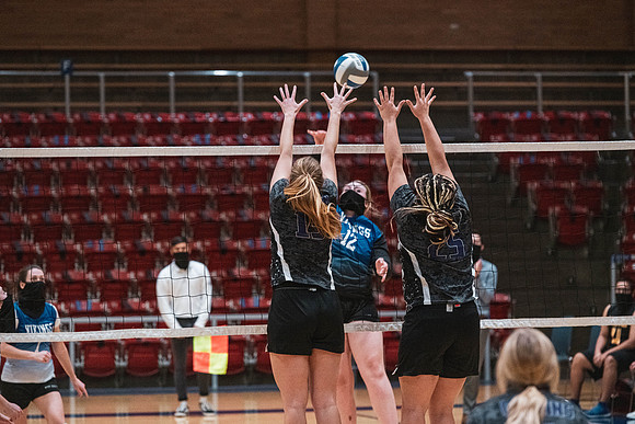 The women's volleyball championship took place in the Hart gym with COVID-19 safety precautions in place.