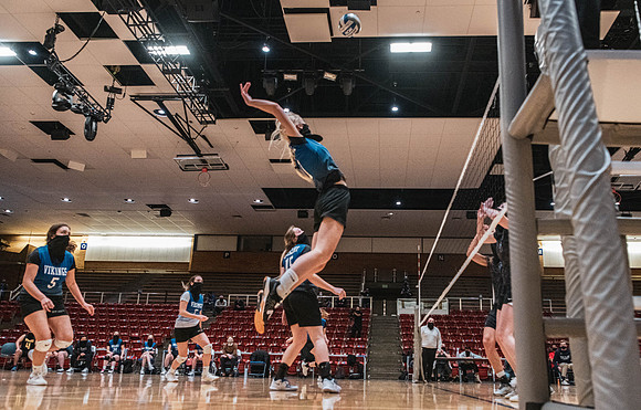 The women's volleyball championship took place in the Hart gym with COVID-19 safety precautions in place.
