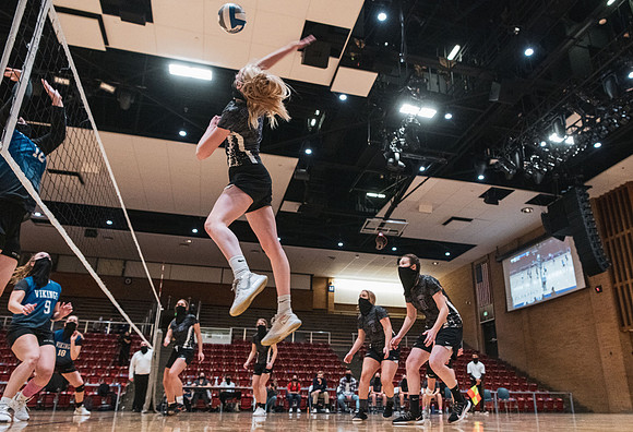 The women's volleyball championship took place in the Hart gym with COVID-19 safety precautions in place.