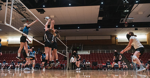 The women's volleyball championship took place in the Hart gym with COVID-19 safety precautions in place.